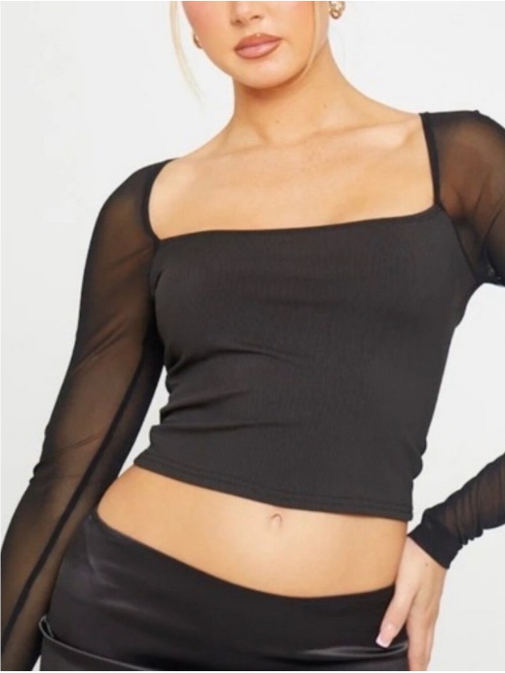 Commenss Swuare Crop ribbed top with sheer sleeves NWT size XS ❣️